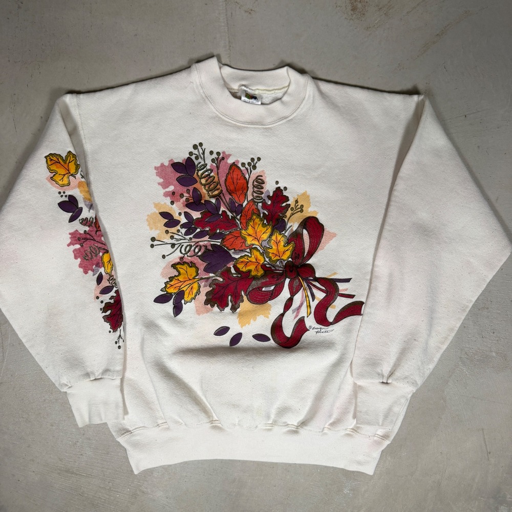 Vintage Fruit of the Loom Autumn Leaves Graphic Sweatshirt White Large USA